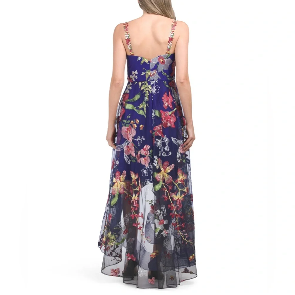 MARCHESA NOTTE COBALT BLUE SLEEVELESS FLORAL EMBROIDERED HIGH LOW DRESS - Picture 3 of 4